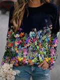 Women's Flower Print Top Loose Long-sleeved Round Neck Sweater All-match T-shirt nowadaysfashion