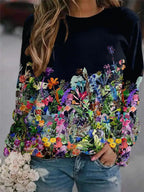 Women's Flower Print Top Loose Long-sleeved Round Neck Sweater All-match T-shirt nowadaysfashion