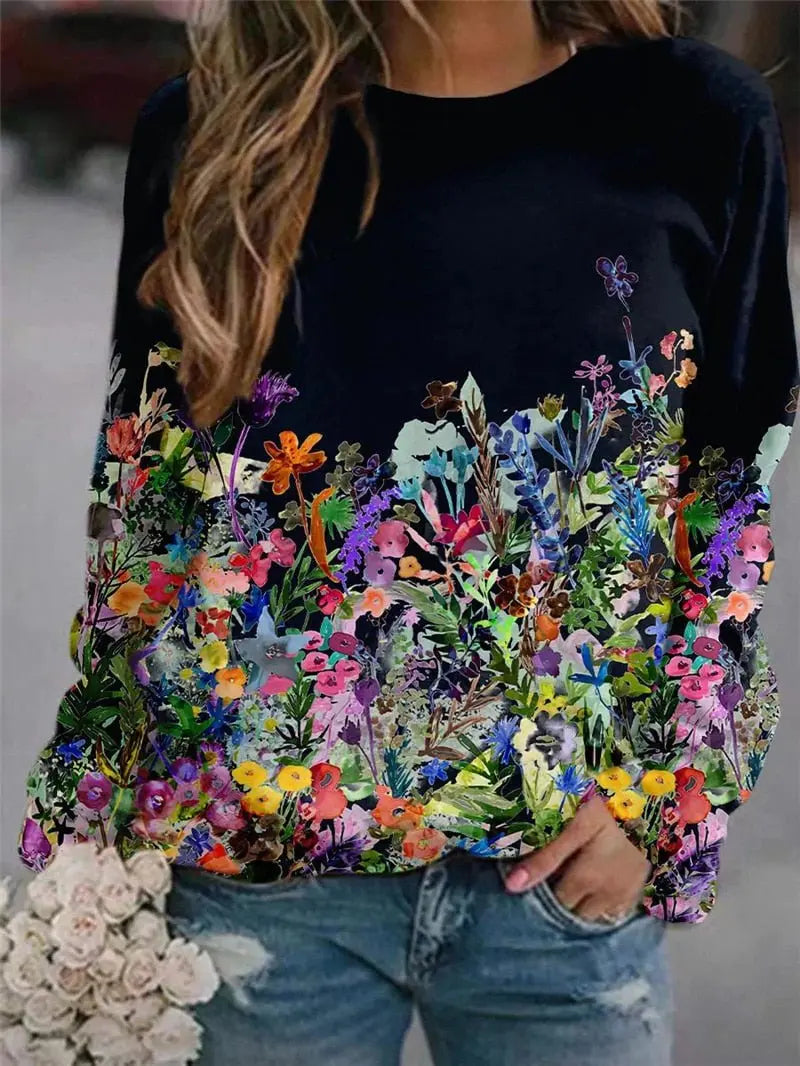 Women's Flower Print Top Loose Long-sleeved Round Neck Sweater All-match T-shirt - Blade & Thread