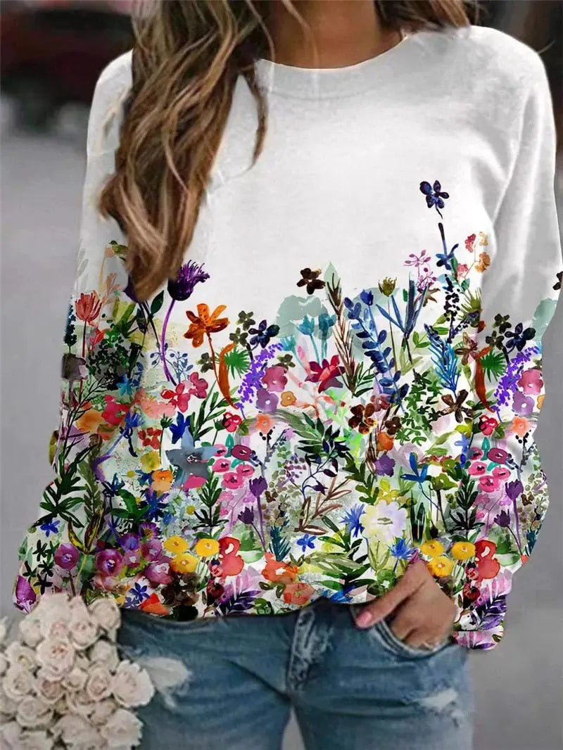 Women's Flower Print Top Loose Long-sleeved Round Neck Sweater All-match T-shirt - Blade & Thread