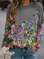 Women's Flower Print Top Loose Long-sleeved Round Neck Sweater All-match T-shirt nowadaysfashion