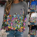 Women's Flower Print Top Loose Long-sleeved Round Neck Sweater All-match T-shirt nowadaysfashion