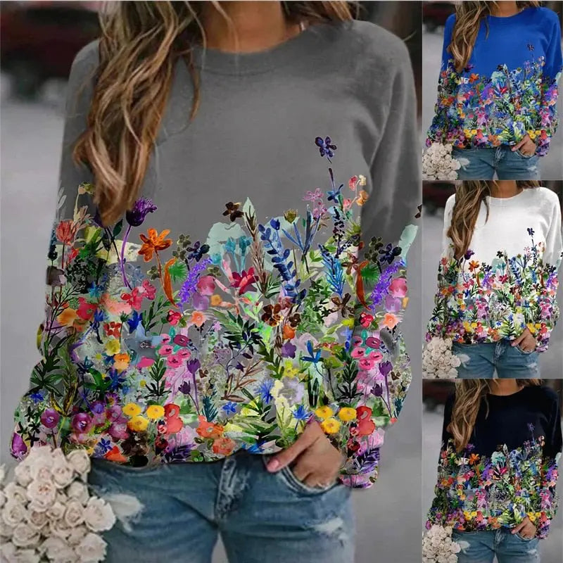 Women's Flower Print Top Loose Long-sleeved Round Neck Sweater All-match T-shirt nowadaysfashion