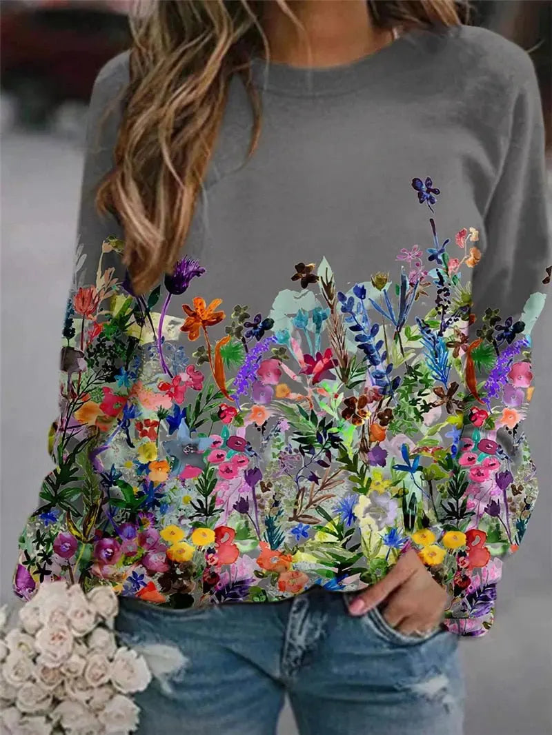 Women's Flower Print Top Loose Long-sleeved Round Neck Sweater All-match T-shirt nowadaysfashion
