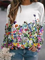 Women's Flower Print Top Loose Long-sleeved Round Neck Sweater All-match T-shirt nowadaysfashion