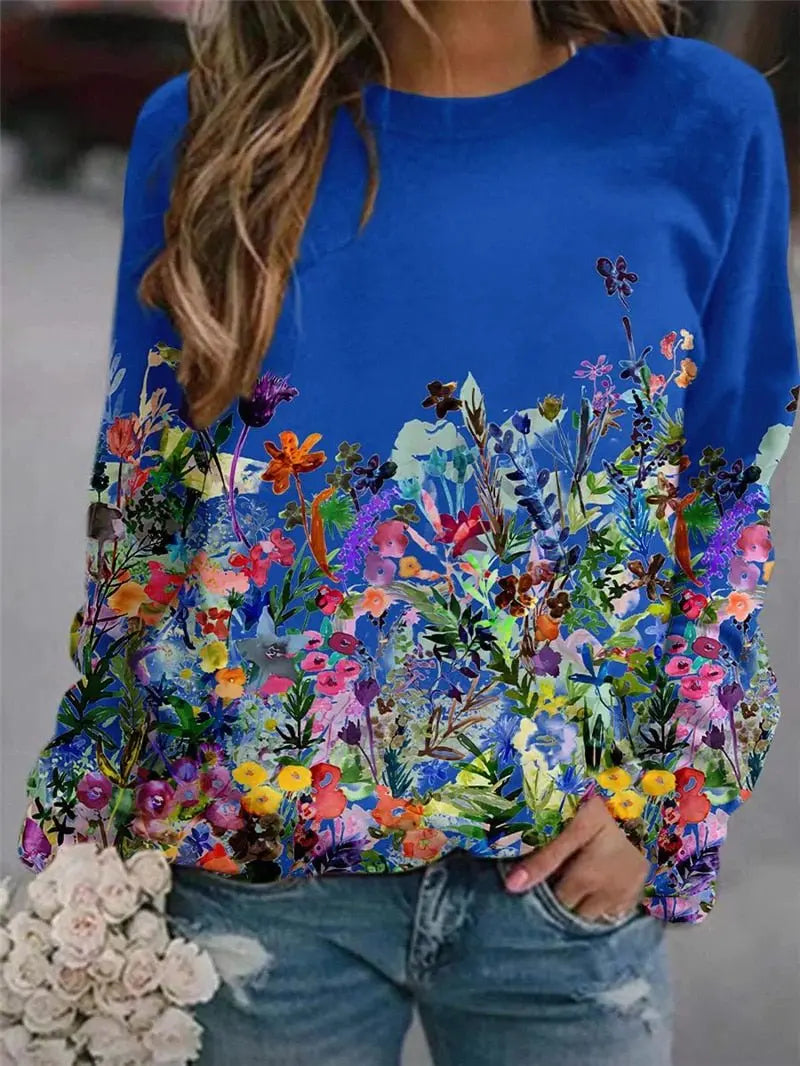 Women's Flower Print Top Loose Long-sleeved Round Neck Sweater All-match T-shirt nowadaysfashion