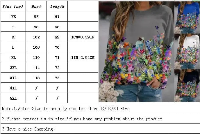 Women's Flower Print Top Loose Long-sleeved Round Neck Sweater All-match T-shirt - Blade & Thread