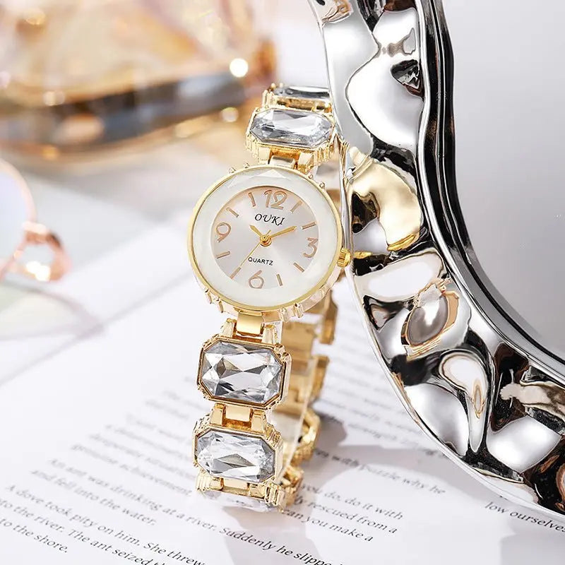 Women’s Gold Bracelet Quartz Watch with Black Crystal Dial nowadaysfashion