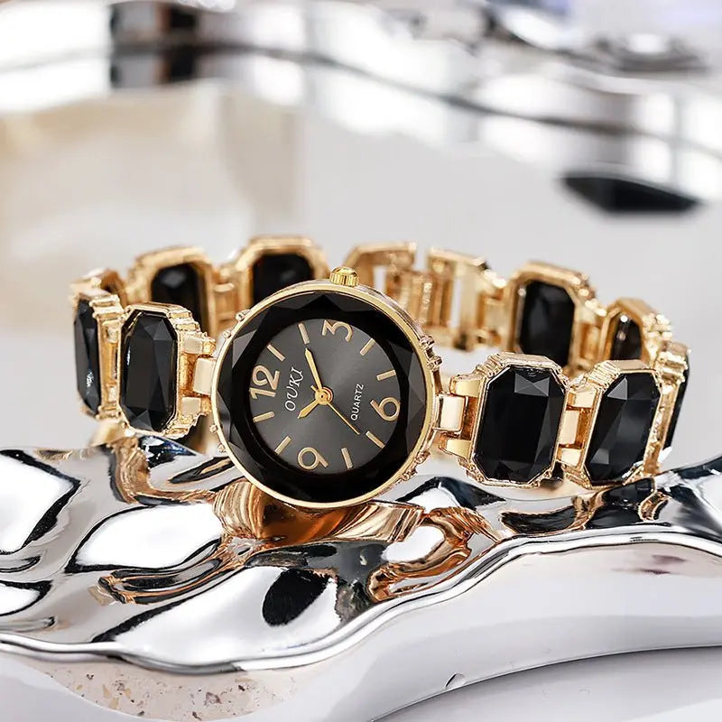 Women’s Gold Bracelet Quartz Watch with Black Crystal Dial - Blade & Thread