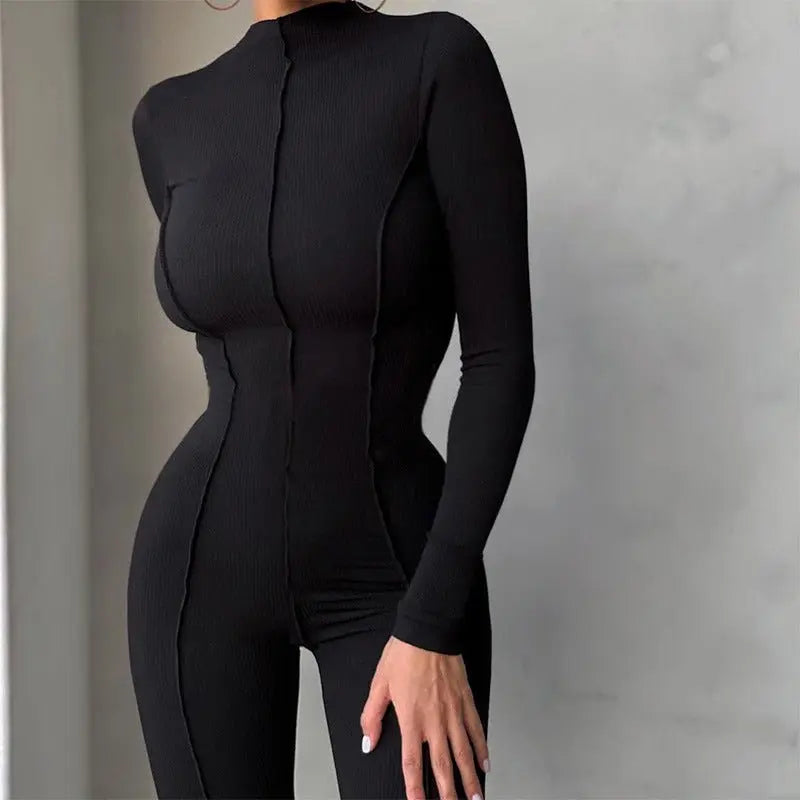 Women's high collar tight high waist casual solid color sports jumpsuit for women - Blade & Thread