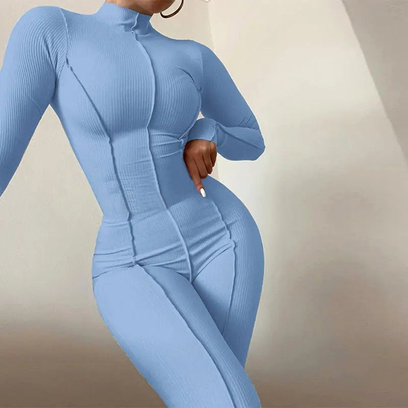Women's high collar tight high waist casual solid color sports jumpsuit for women - Blade & Thread
