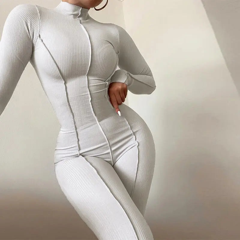 Women's high collar tight high waist casual solid color sports jumpsuit for women nowadaysfashion
