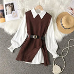women's lantern sleeve shirt knitted vest two piece sets of College style nowadaysfashion