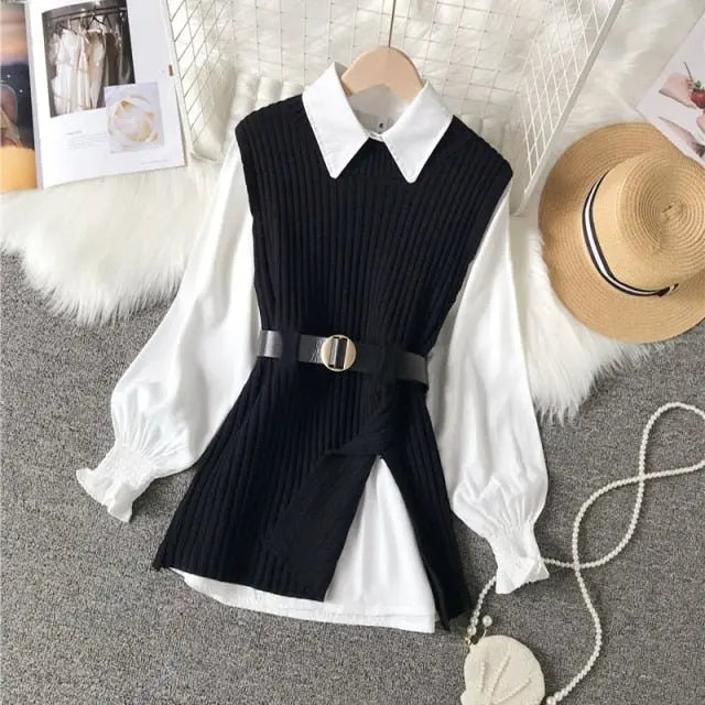 women's lantern sleeve shirt knitted vest two piece sets of College style - Blade & Thread