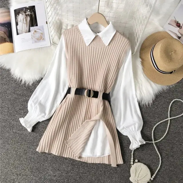 women's lantern sleeve shirt knitted vest two piece sets of College style nowadaysfashion
