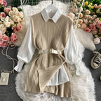 women's lantern sleeve shirt knitted vest two piece sets of College style nowadaysfashion