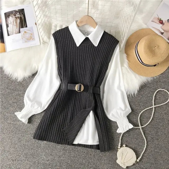 women's lantern sleeve shirt knitted vest two piece sets of College style - Blade & Thread