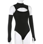 Women’s Long-sleeved Bodysuit Solid Color Hollow Off-shoulder Half High Collar Jumpsuit nowadaysfashion