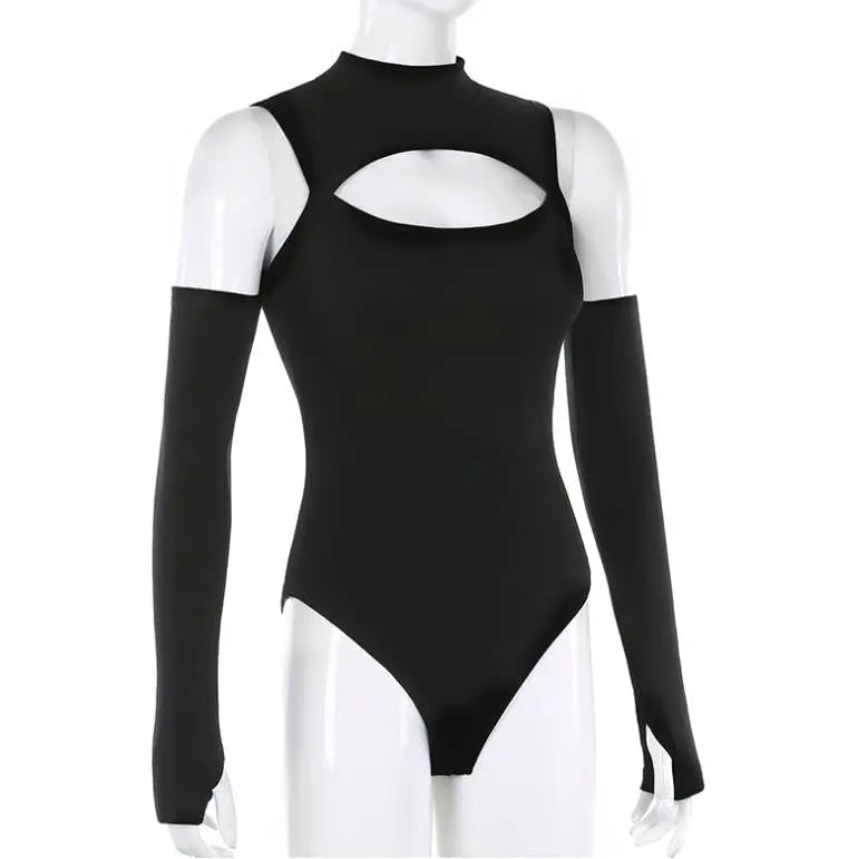 Women’s Long-sleeved Bodysuit Solid Color Hollow Off-shoulder Half High Collar Jumpsuit - Blade & Thread