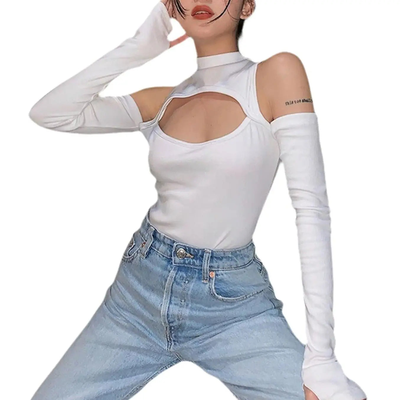 Women’s Long-sleeved Bodysuit Solid Color Hollow Off-shoulder Half High Collar Jumpsuit nowadaysfashion