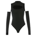 Women’s Long-sleeved Bodysuit Solid Color Hollow Off-shoulder Half High Collar Jumpsuit nowadaysfashion
