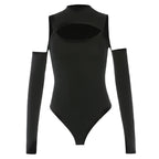 Women’s Long-sleeved Bodysuit Solid Color Hollow Off-shoulder Half High Collar Jumpsuit nowadaysfashion