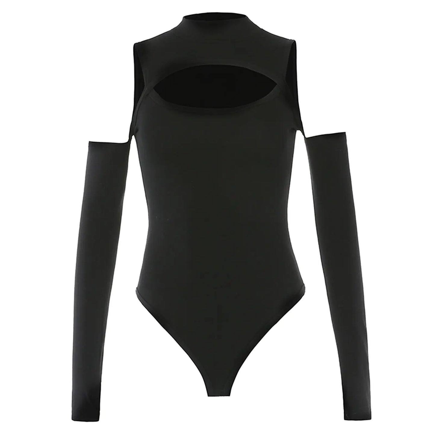 Women’s Long-sleeved Bodysuit Solid Color Hollow Off-shoulder Half High Collar Jumpsuit - Blade & Thread