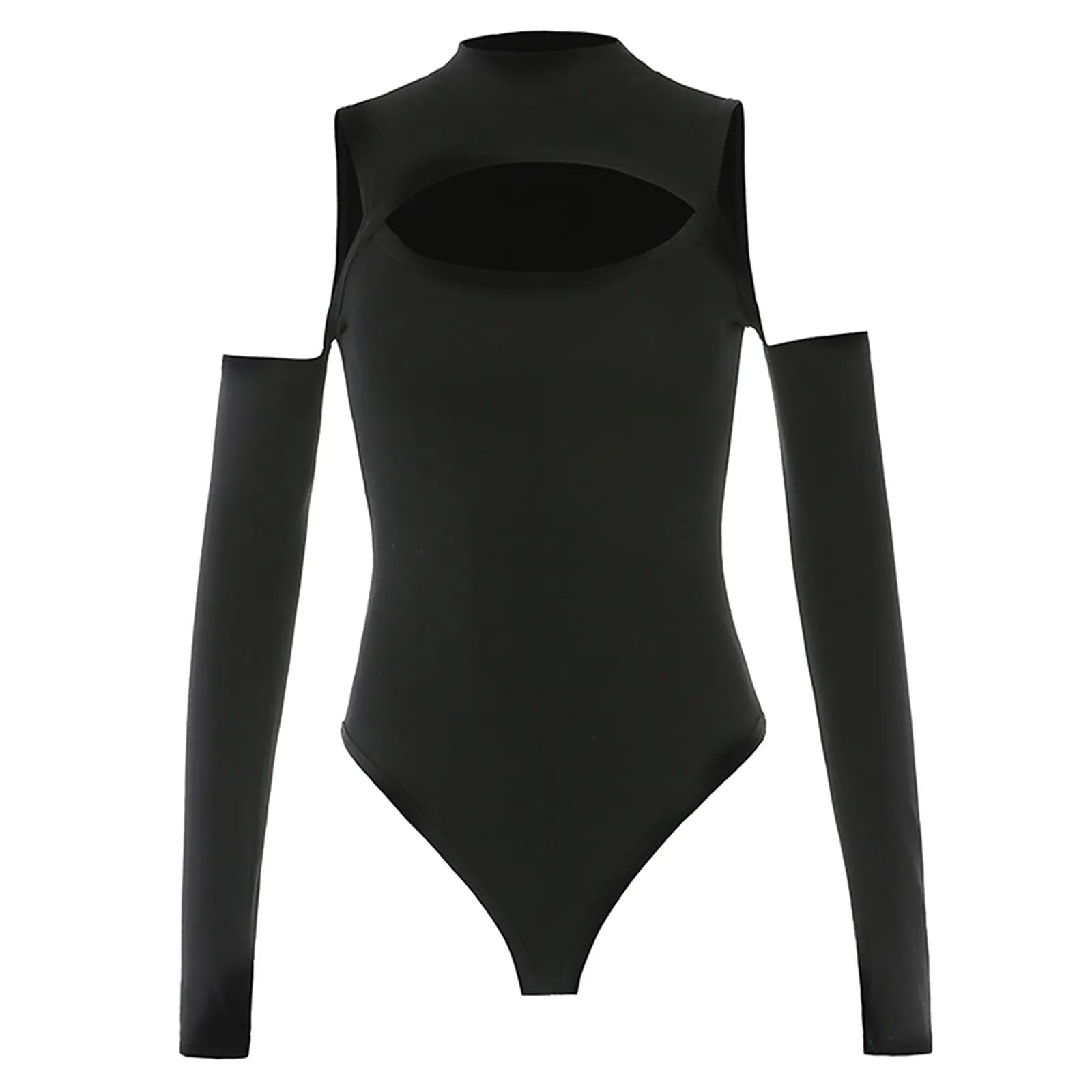 Women’s Long-sleeved Bodysuit Solid Color Hollow Off-shoulder Half High Collar Jumpsuit - Blade & Thread