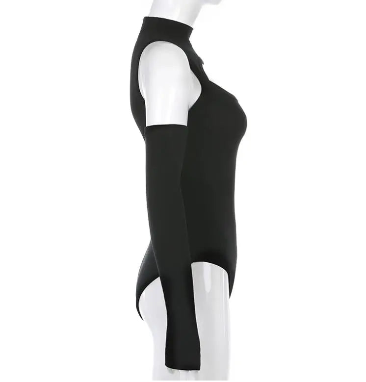 Women’s Long-sleeved Bodysuit Solid Color Hollow Off-shoulder Half High Collar Jumpsuit - Blade & Thread