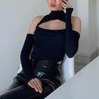 Women’s Long-sleeved Bodysuit Solid Color Hollow Off-shoulder Half High Collar Jumpsuit nowadaysfashion