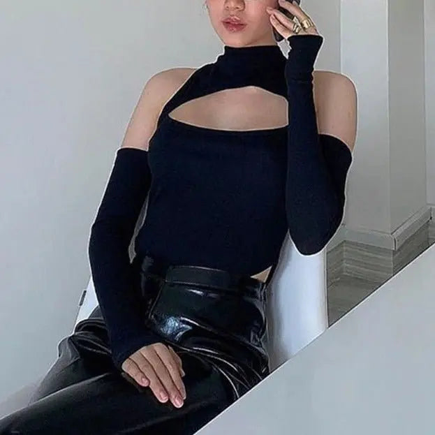 Women’s Long-sleeved Bodysuit Solid Color Hollow Off-shoulder Half High Collar Jumpsuit - Blade & Thread