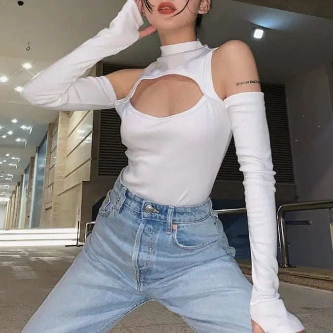 Women’s Long-sleeved Bodysuit Solid Color Hollow Off-shoulder Half High Collar Jumpsuit - Blade & Thread
