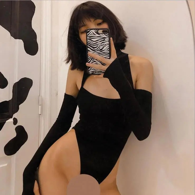 Women’s Long-sleeved Bodysuit Solid Color Hollow Off-shoulder Half High Collar Jumpsuit - Blade & Thread