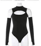 Women’s Long-sleeved Bodysuit Solid Color Hollow Off-shoulder Half High Collar Jumpsuit nowadaysfashion