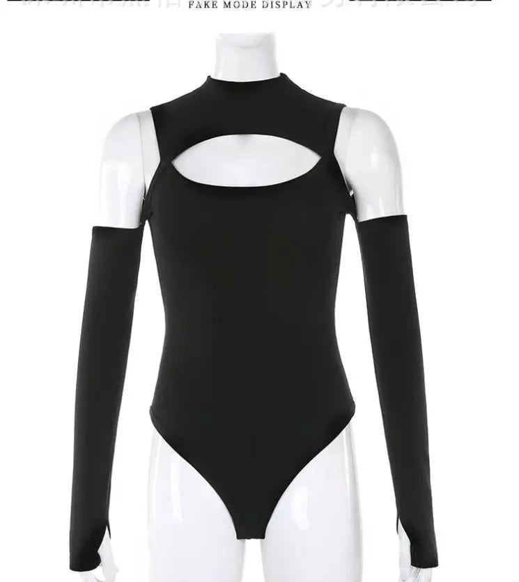 Women’s Long-sleeved Bodysuit Solid Color Hollow Off-shoulder Half High Collar Jumpsuit - Blade & Thread
