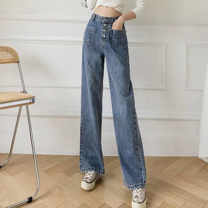 Women's Loose Straight Denim Trousers Female High Waist Wide Leg Pants high street - Blade & Thread