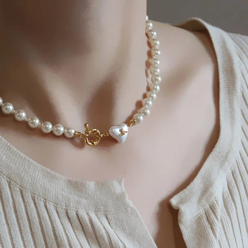 Women's retro heart pearl necklace clavicle chain nowadaysfashion