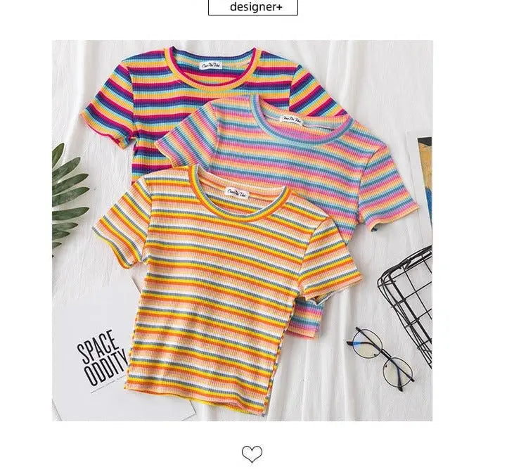 Women's short navel-baring rainbow striped tight T-shirt nowadaysfashion