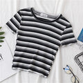 Women's short navel-baring rainbow striped tight T-shirt nowadaysfashion