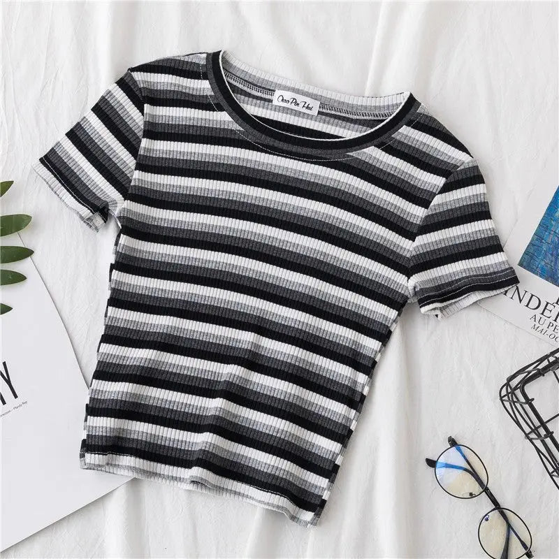 Women's short navel-baring rainbow striped tight T-shirt nowadaysfashion