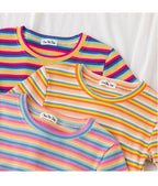Women's short navel-baring rainbow striped tight T-shirt nowadaysfashion