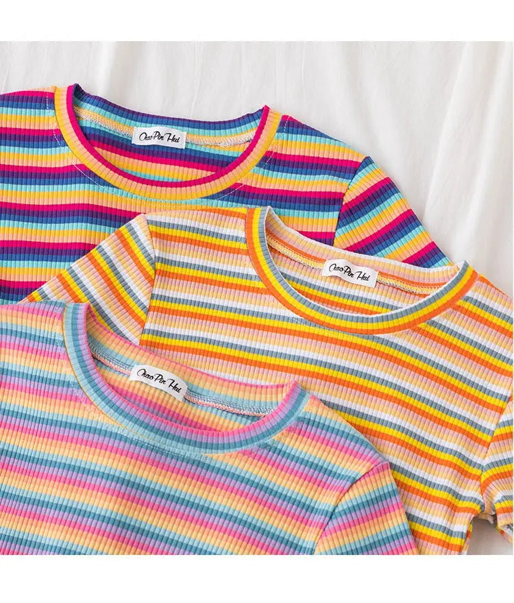 Women's short navel-baring rainbow striped tight T-shirt - Blade & Thread