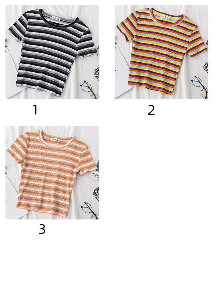 Women's short navel-baring rainbow striped tight T-shirt - Blade & Thread