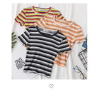 Women's short navel-baring rainbow striped tight T-shirt nowadaysfashion