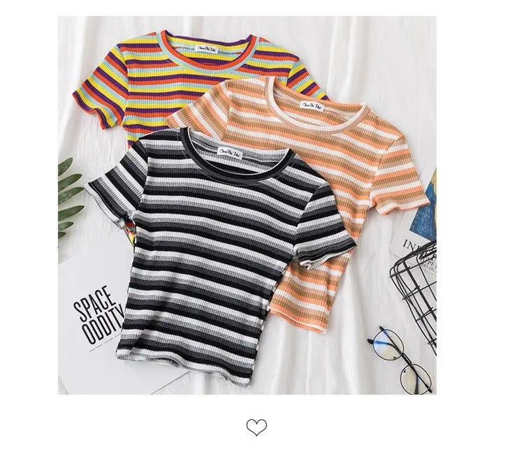 Women's short navel-baring rainbow striped tight T-shirt - Blade & Thread