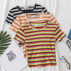 Women's short navel-baring rainbow striped tight T-shirt nowadaysfashion