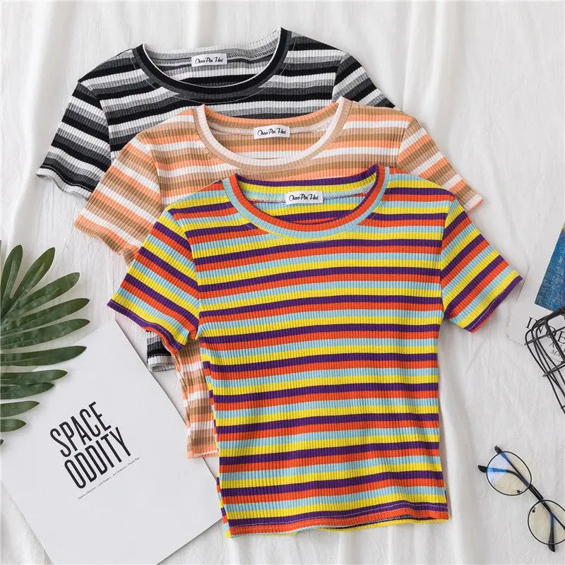 Women's short navel-baring rainbow striped tight T-shirt - Blade & Thread