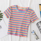 Women's short navel-baring rainbow striped tight T-shirt nowadaysfashion