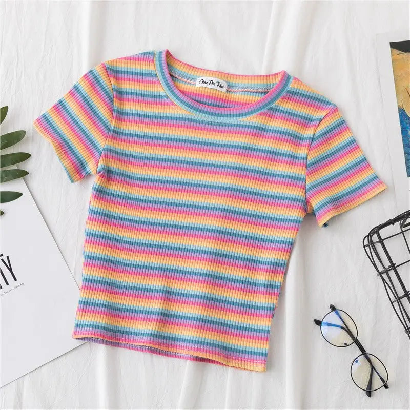 Women's short navel-baring rainbow striped tight T-shirt - Blade & Thread