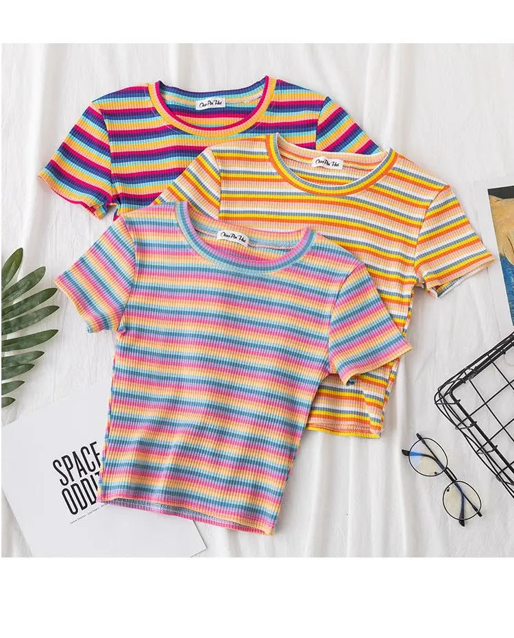 Women's short navel-baring rainbow striped tight T-shirt nowadaysfashion